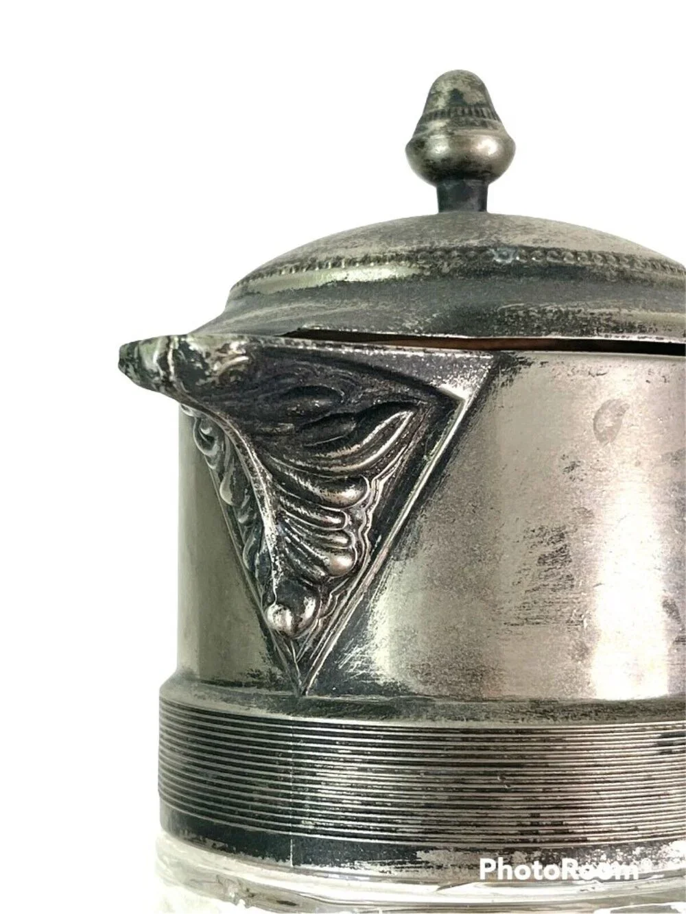 Vintage Glass Claret Carafe Pitcher Ewer Diamond Cut Silver Plate Lid Handle 14